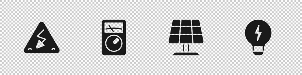 Set High voltage, Ampere meter, multimeter, Solar energy panel and Creative lamp light idea icon. Vector