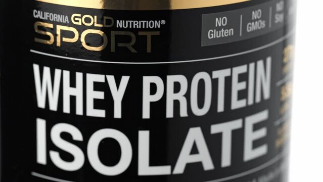 03.21.2023 Ukraine. Dnepropetrovsk: Bank of sports nutrition - protein, rotates in a circle. Sport, Fitness, Healthy Lifestyle And People Concept. Creatine monohydrate , bcaa, amino acid or vitamin