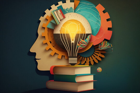 Concept of education and success. Online education, new idea. Collage with a brain, gears, book. Generative Ai technology.	
