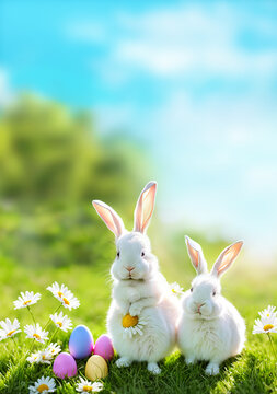 [Generative AI] Anthropomorphic rabbits standing on grass and holding a daisy flower with Easter eggs as present, casting an endearing gaze towards the viewer against a bokeh background evoking spring
