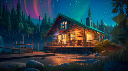 Wallpaper Art - Wooden Cottage In a Forest By The Lake, Under The Aurora Northern Lights. Generative AI.