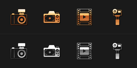 Set Photo camera, Camera film roll cartridge and Action extreme icon. Vector