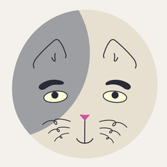 Funny cat face, abstract personage, mascot design, funny face, cute icon.
