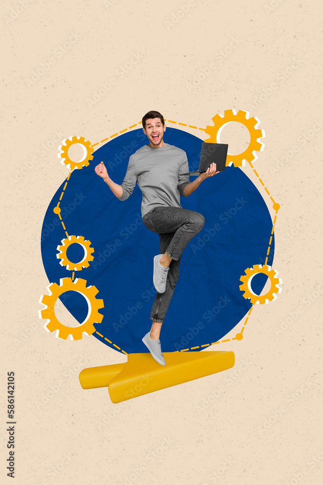 Poster magazine sketch photo collage 3d artwork of overjoyed cheerful man use netbook rejoice successful pr