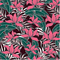Trendy seamless tropical pattern with bright plants and flowers on the background. Seamless exotic pattern with tropical plants. Modern abstract design for fabric, paper, interior decor.
