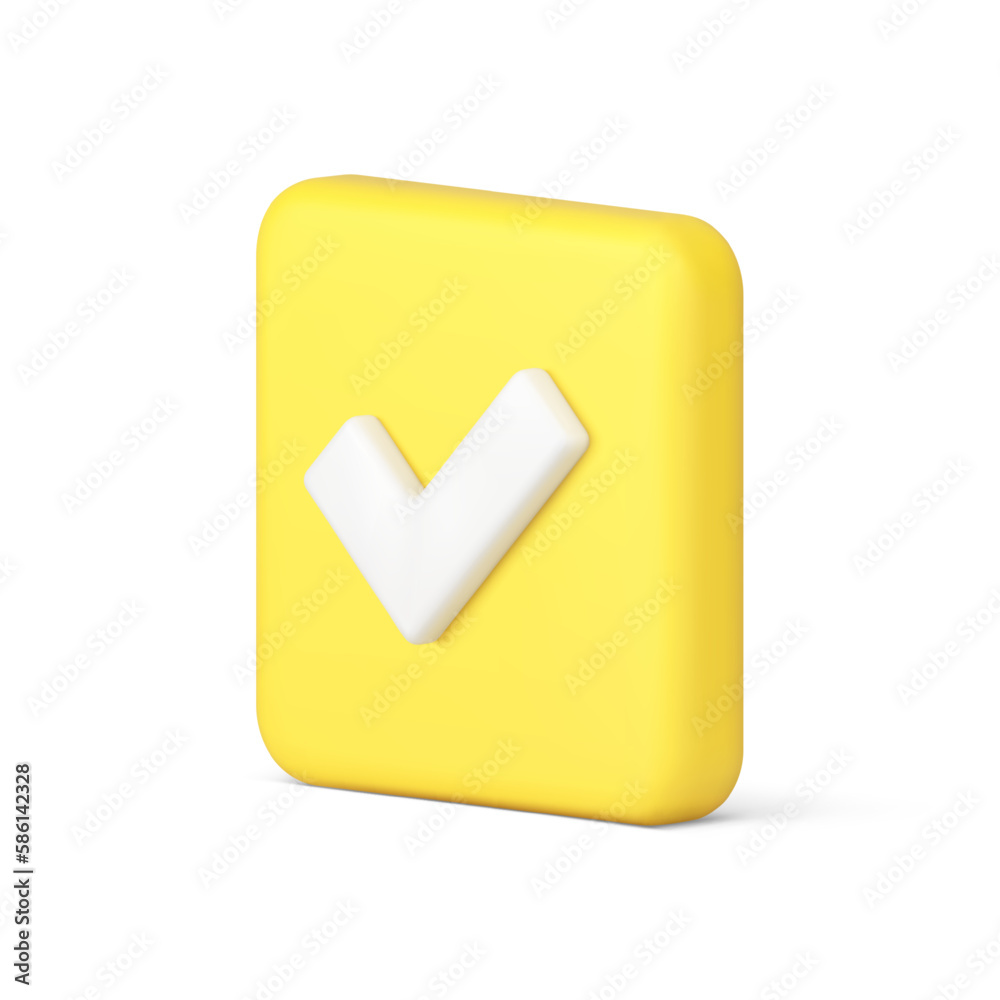 Poster checkmark checkbox check mark done accept yellow button isometric 3d icon realistic vector
