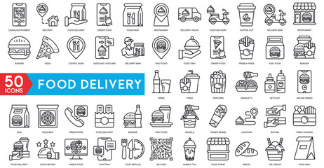 Food delivery icon line process Online order, payment and delivery service. outline symbols for app food order and delivery service banner. Quality elements bicycle