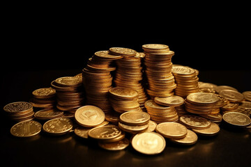 A pile of gold coins on a table with dark background