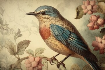 colorful bird perched on a tree branch created with Generative AI technology