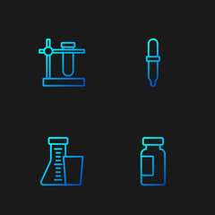 Set line Test tube and flask, , on stand and Pipette. Gradient color icons. Vector
