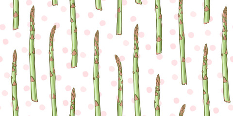 Asparagus seamless pattern. Green asparagus sprouts hand drawn soft colors background. Branches of asparagus. Healthy food, natural food, diet background for packaging, banner.