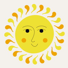 Smiling sun, abstract personage, mascot design, funny face, cute icon.