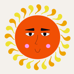 Smiling sun, abstract personage, mascot design, funny face, cute icon.