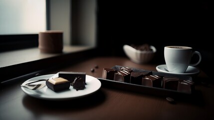 Photo Of Caffee And Chocolate, In A Distance, Minimalis - Generative AI