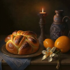 Obraz na płótnie Canvas Sweet tsoureki bread flavored with oranges, flower and candle - Generated by Generative AI