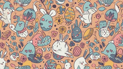 Naklejka premium Simple Seamless Doodle Easter Themed Pattern - Generative AI