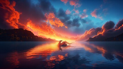 Dragon Fire Clouds, Sunset, Cg Rendering, 3d Effect, Body Light, Sky, Super Wide Angle, Clouds On The Lake, Lake Reflection, Blue Sky Transparent Tone, Reduce Black, Sunset - Generative AI