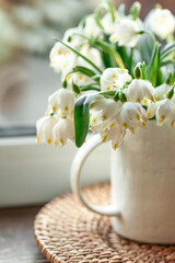 Fototapeta premium Spring composition with snowdrops in a cup, close-up.