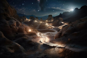 Obraz na płótnie Canvas A mysterious futuristic landscape with a winding, illuminated path through a rocky terrain and a bright, star-filled sky in the background - Generative AI