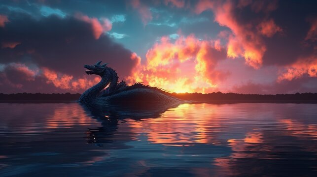 Dragon Fire Clouds, Sunset, Cg Rendering, 3d Effect, Body Light, Sky, Super Wide Angle, Clouds On The Lake, Lake Reflection, Blue Sky Transparent Tone, Reduce Black, Sunset - Generative AI