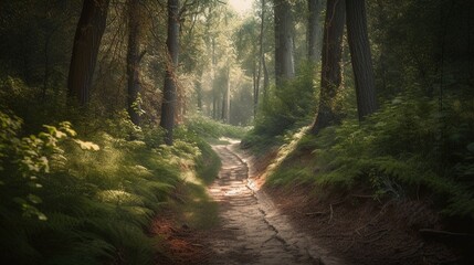 Foggy path through the forest ,Sunset in a dark forest with rays of light passing through the trees.Generative Ai