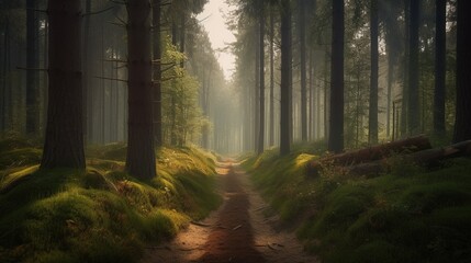 Obraz premium Foggy path through the forest ,Sunset in a dark forest with rays of light passing through the trees.Generative Ai