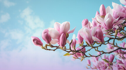 Blooming pink magnolia in the blue sky. Spring. Garden. A beautiful flowering, flowering tree. beautiful blooming branch of magnolia in spring - magnolia flower. Spring flowering. generative ai