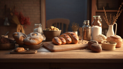 Obraz na płótnie Canvas bakery products on a wooden table in a bakery, generative ai