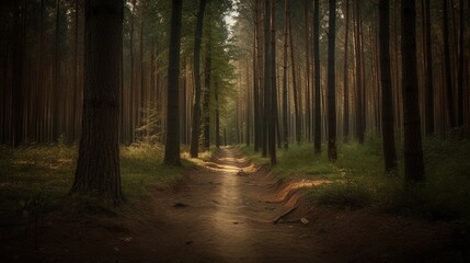 Fototapeta premium Foggy path through the forest ,Sunset in a dark forest with rays of light passing through the trees.Generative Ai