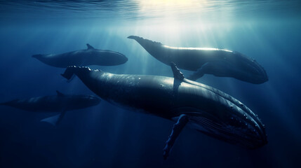 Naklejka premium a family of whales in the depths of the ocean in the rays of the sun, generative ai