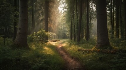 Obraz premium Foggy path through the forest ,Sunset in a dark forest with rays of light passing through the trees.Generative Ai