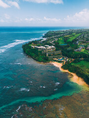 Aerial view of Princeville Hanalei Bay Coastline Kauai island Hawaii