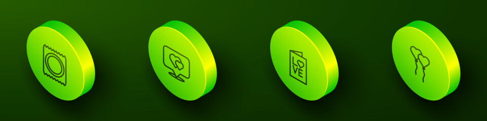 Set Isometric line Condom in package, Location with heart, Valentines day party flyer and Balloons form of icon. Vector