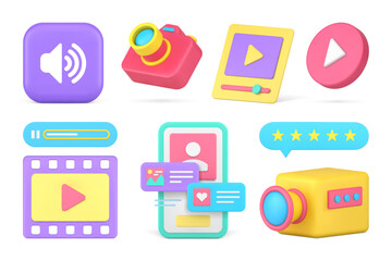 Blog vlog multimedia content create video music online broadcasting set 3d icon realistic vector