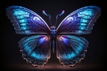 Close-up glowing neon blue and purple butterfly isolated on black background. Generative AI