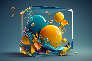 Close-up abstract artwork of a glass square with blue and yellow spheres inside, isolated on a clean background. World Ozone Day. Generative AI