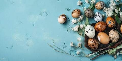 Easter and flowers banner blue pastel background - Generative AI