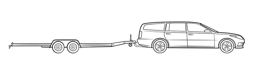 Station wagon car with open trailer vector stock illustration.