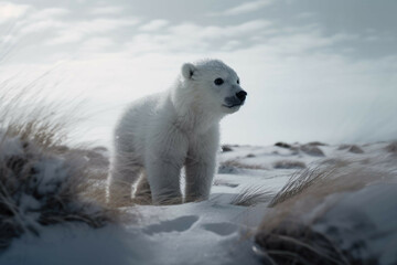 Plakat A baby polar bear playing in the snow, its white fur blending into the winter landscape - Generative AI