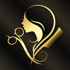Beautiful girl face silhouette, hair stylist scissors and comb