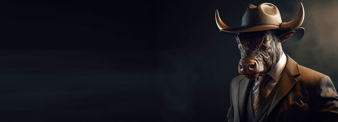 Animal horned bull in cowboy hat gentleman and boss. AI generated. Header banner mockup with space.