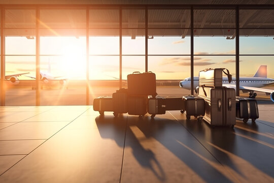 suitcase travel luggage in airport 3d render