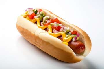 Fresh hot dog with sausage and sauces, mayonnaise, ketchup and mustard, and cabbage. AI generated.