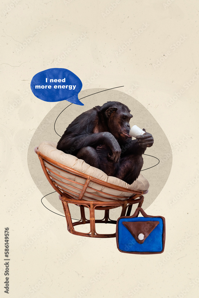 Sticker Collage artwork graphics picture of burn out chimpanzee drinking coffee need more energy isolated painting background