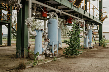 Fototapeta na wymiar Old petrochemical technology. Closed fuel store. Technology covered by plants.