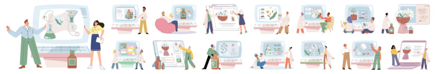 Herbal oils natural medicines. Scientist or doctor making alternative medicine herb, mortar, laboratory glassware plant in tube, flower. Doctor checking medicinal herbs. Herbal medicine. Drug research