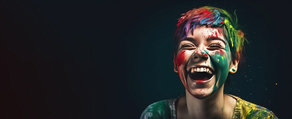 World laughter day, the girl in the paint laughs merrily. Fictional person created with generative AI.