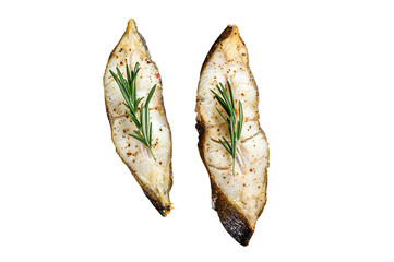 Halibut fish steak with rosemary.  Isolated, transparent background.