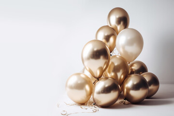 Gold and white balloon on white background with copy space. generative ai.