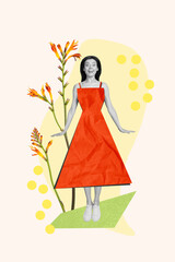 Vertical photo collage of young gorgeous lady wear red stylish skirt excited posing near fresh flower garden isolated on white background